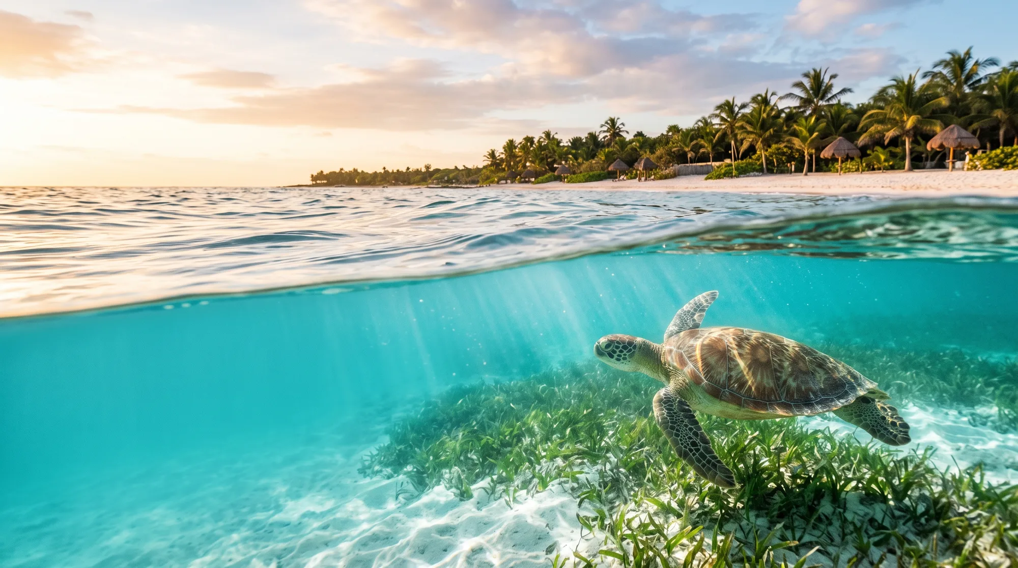 Tortuga marina nadando en aguas cristalinas de Akumal